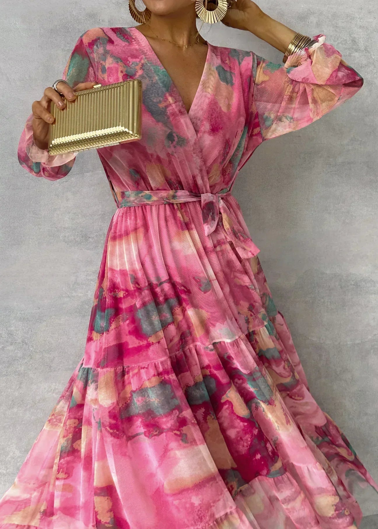 Maxi Dress Women – Floral Wrap Dress with Long Sleeves Elegant Style
