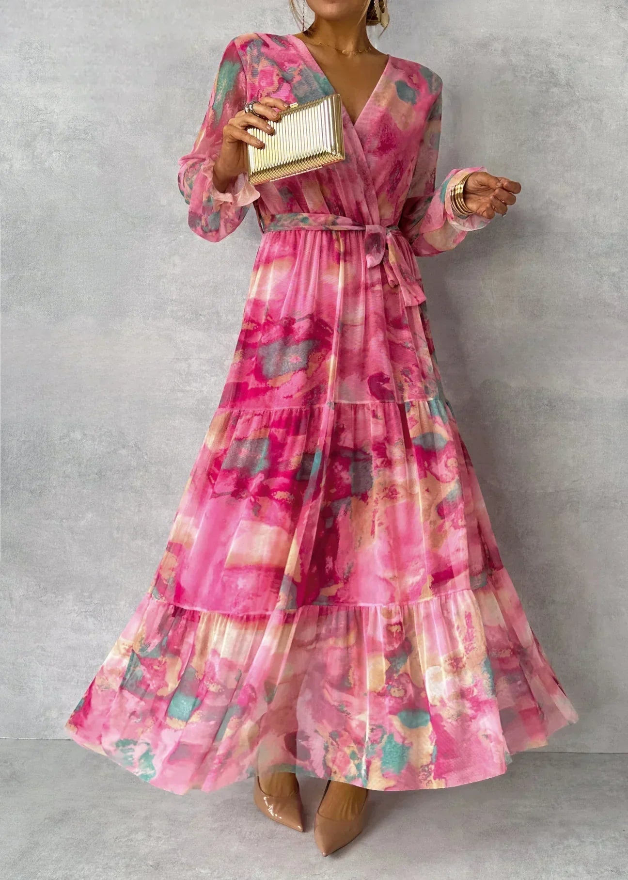 Maxi Dress Women – Floral Wrap Dress with Long Sleeves Elegant Style