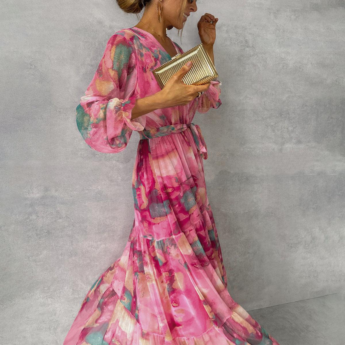 Maxi Dress Women – Floral Wrap Dress with Long Sleeves Elegant Style