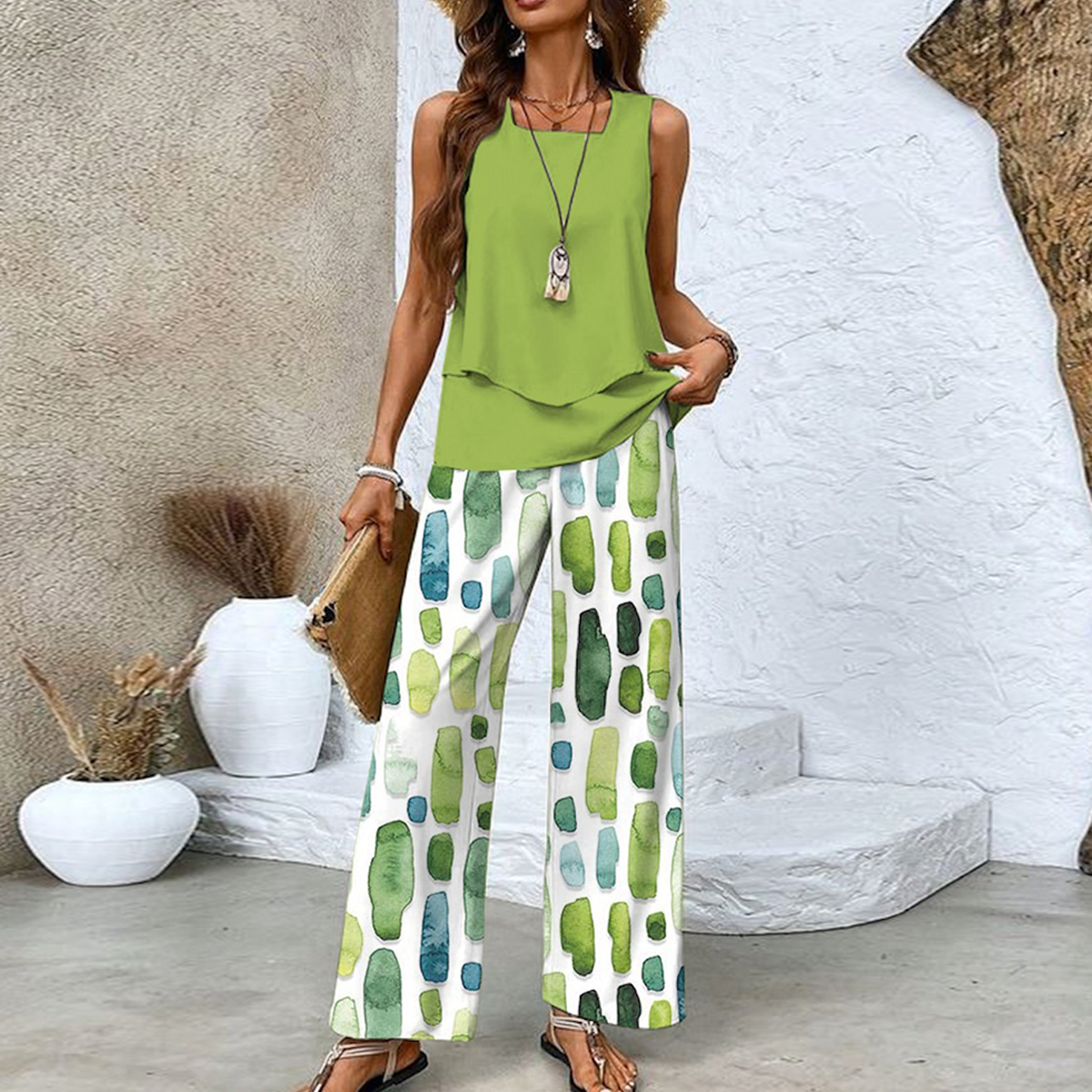 Two-Piece Set Women – Breezy Square Neck Outfit with Lightweight Fabric