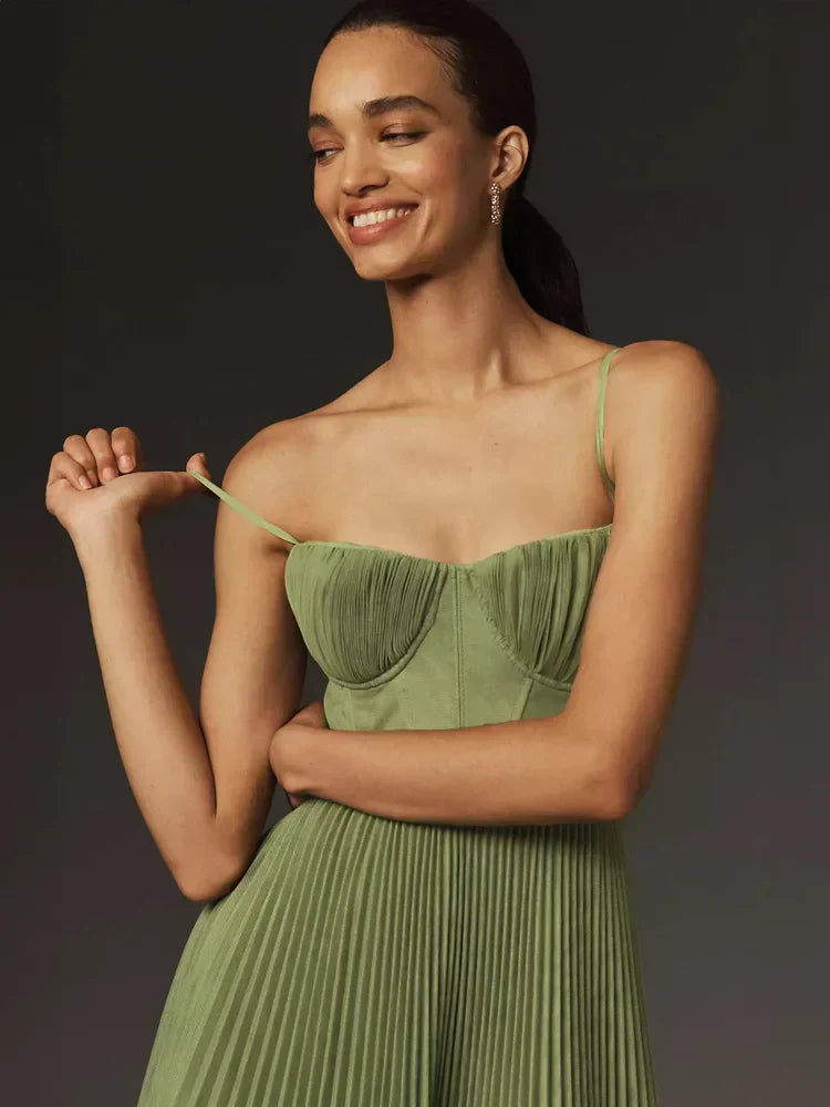 Elegant Midi Dress Women – Pleated Corset Design for Parties