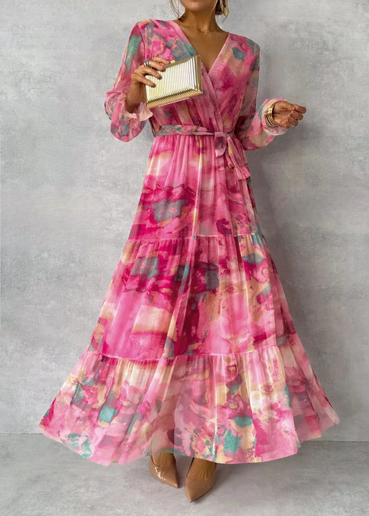 Maxi Dress Women – Floral Wrap Dress with Long Sleeves Elegant Style