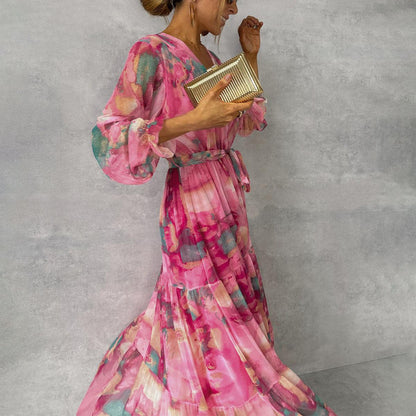 Maxi Dress Women – Floral Wrap Dress with Long Sleeves Elegant Style