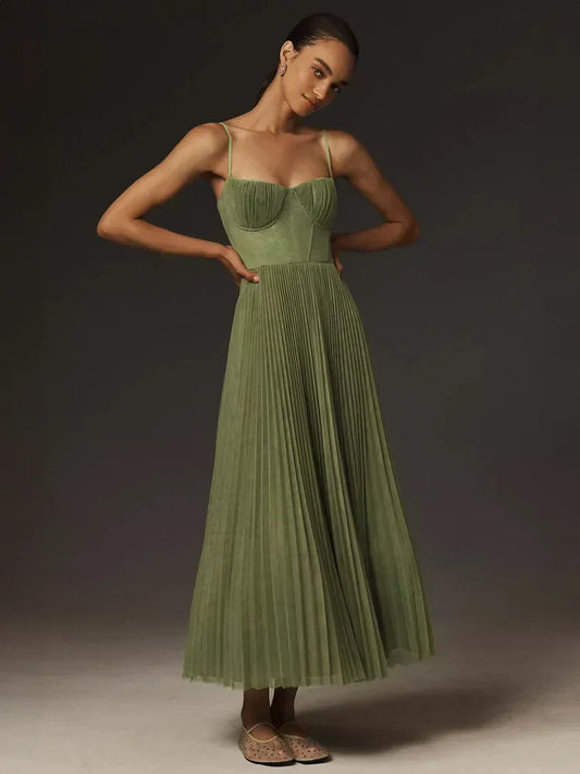 Elegant Midi Dress Women – Pleated Corset Design for Parties